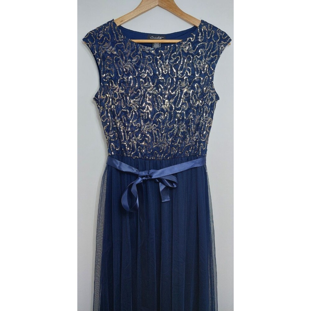 Candalite Women's Size Small Dress Blue with Gold Accents Maxi Length Sleeveless - Picture 3 of 12